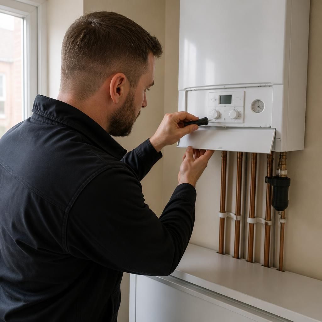 Gas engineer inspecting a wall-mounted boiler in a rented property
