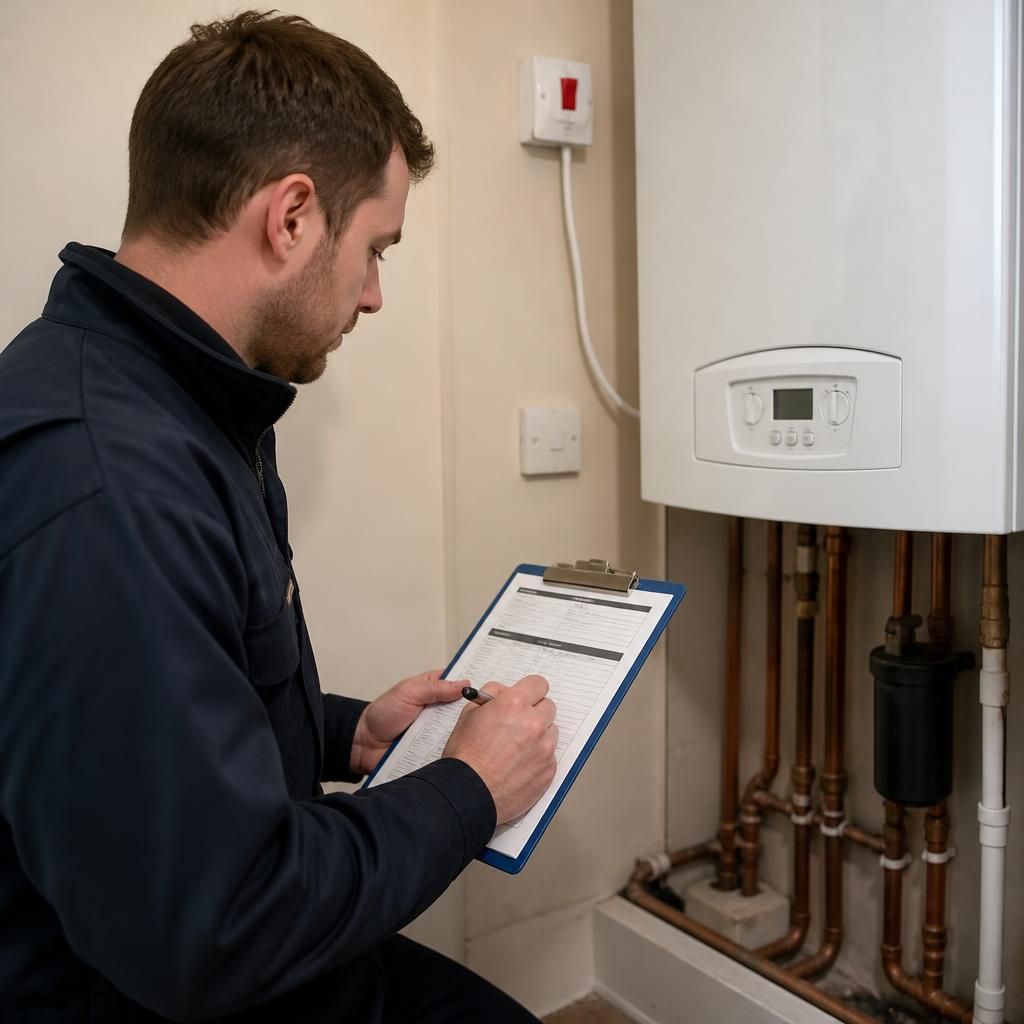 Boiler engineer reviewing a service record beside a central heating system