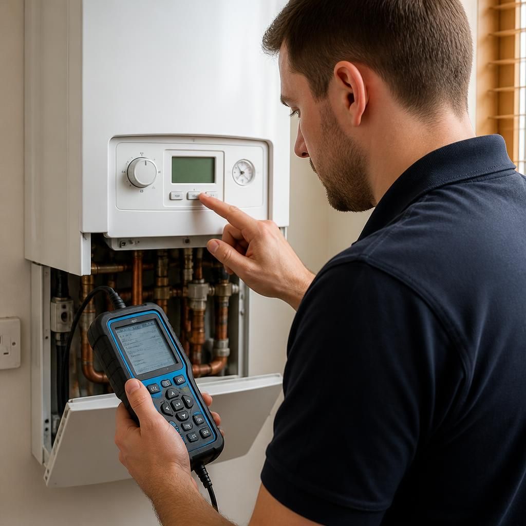 Engineer using diagnostic equipment beside a domestic boiler
