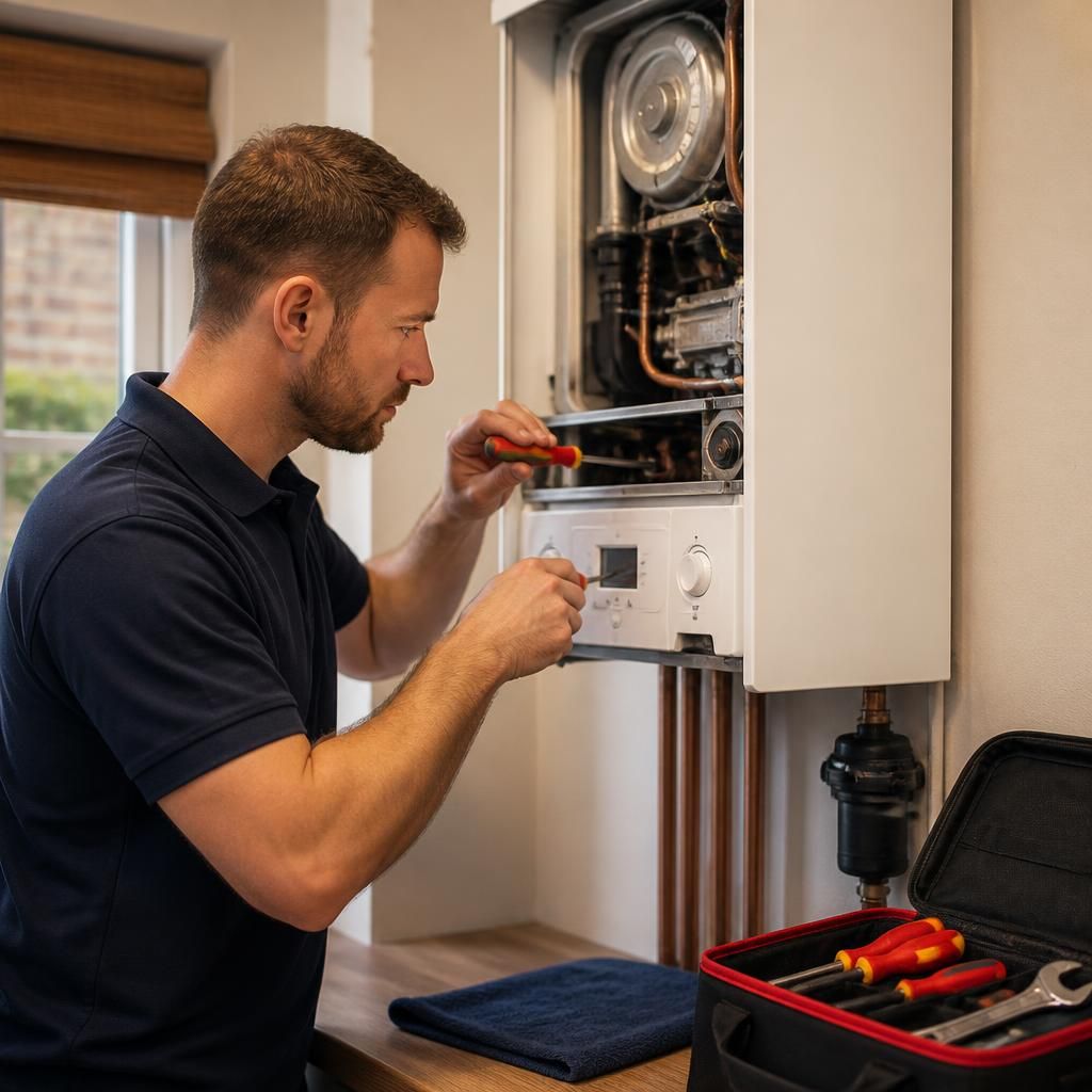 Engineer inspecting a wall-mounted boiler with tools beside the appliance
