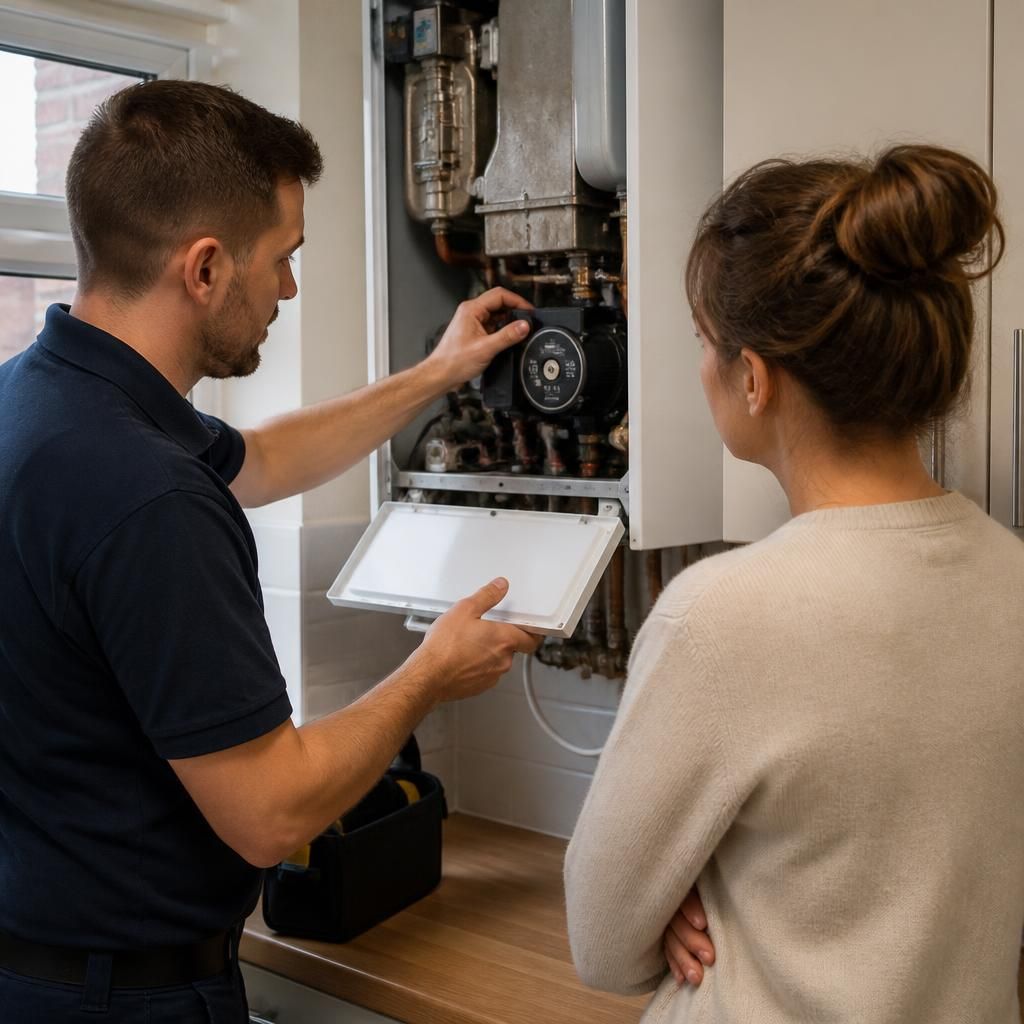 Engineer inspecting a boiler in a rented property with a tenant nearby