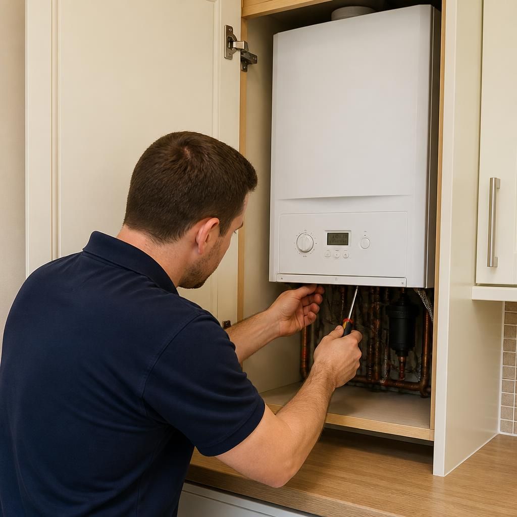 Engineer accessing a boiler inside a kitchen cupboard