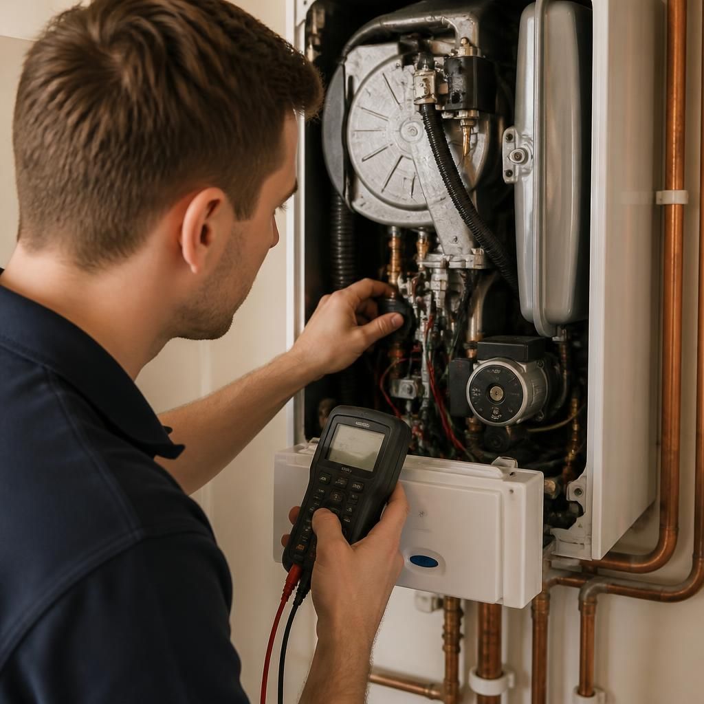 Engineer inspecting an internal boiler component with diagnostic tools