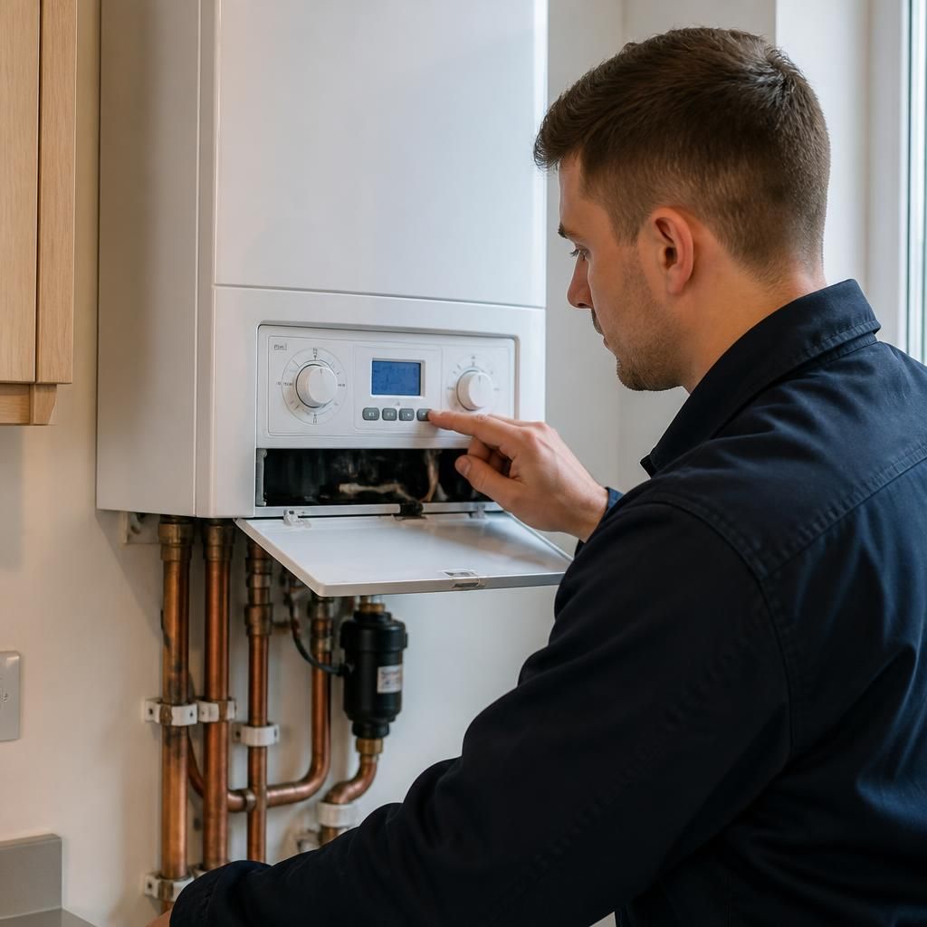 Heating engineer inspecting a wall-mounted boiler control panel