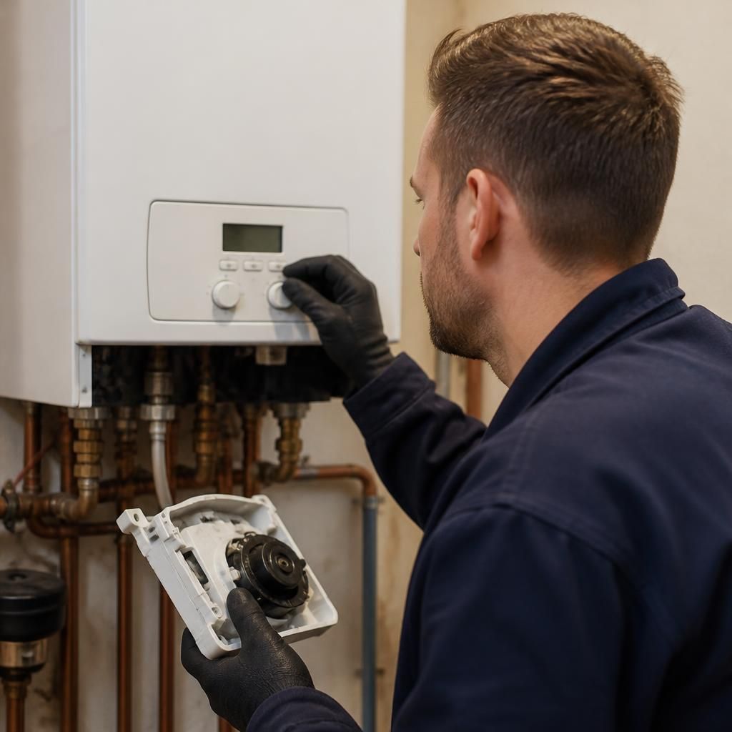 Engineer inspecting a boiler control panel during a part replacement