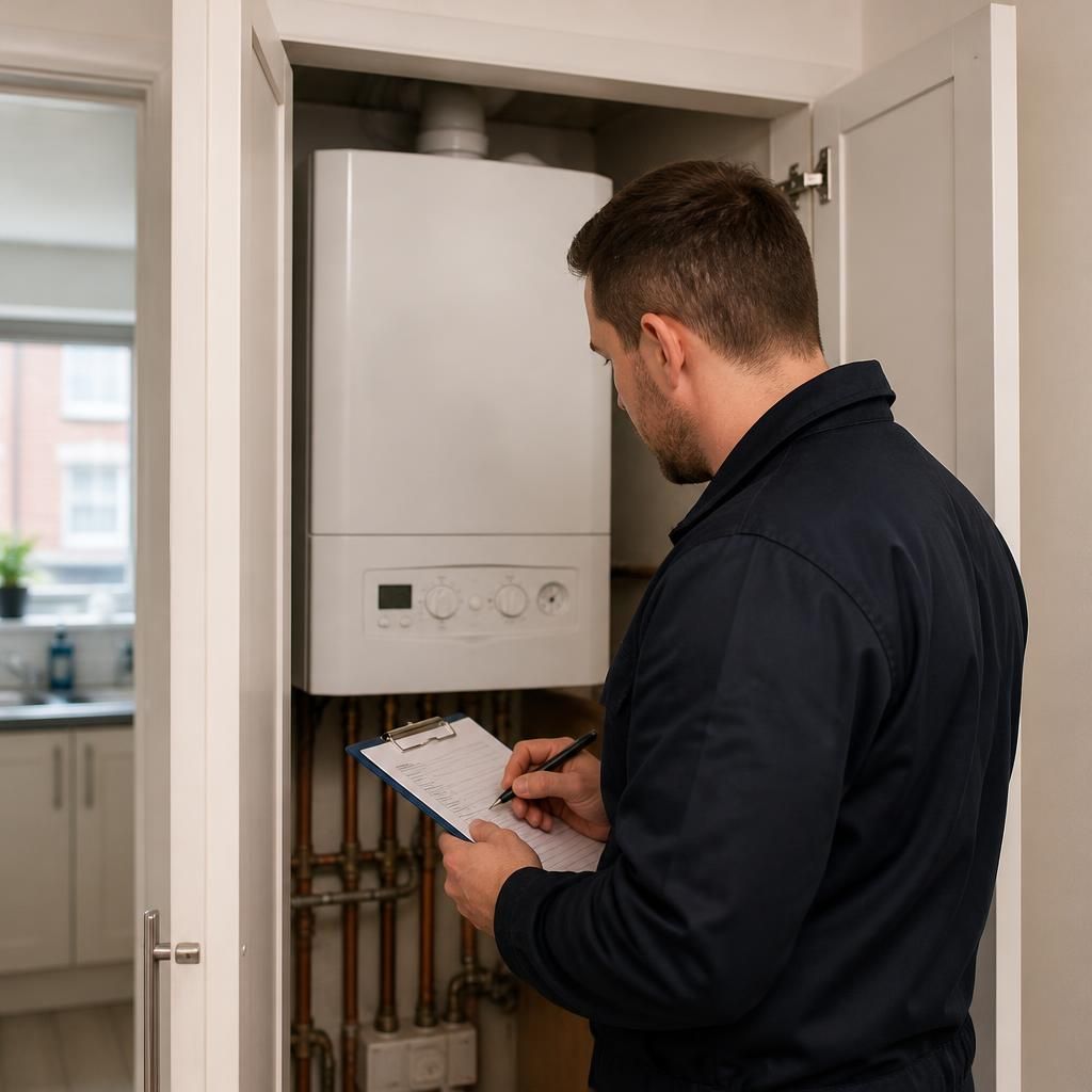 Engineer inspecting a boiler inside a flat utility cupboard