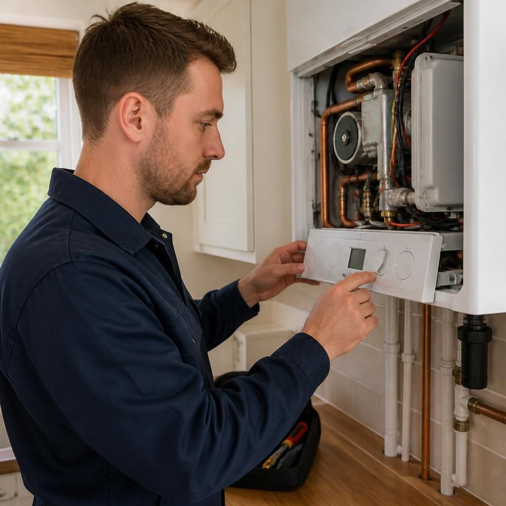 Gas Safe engineer checking a boiler in a rented home