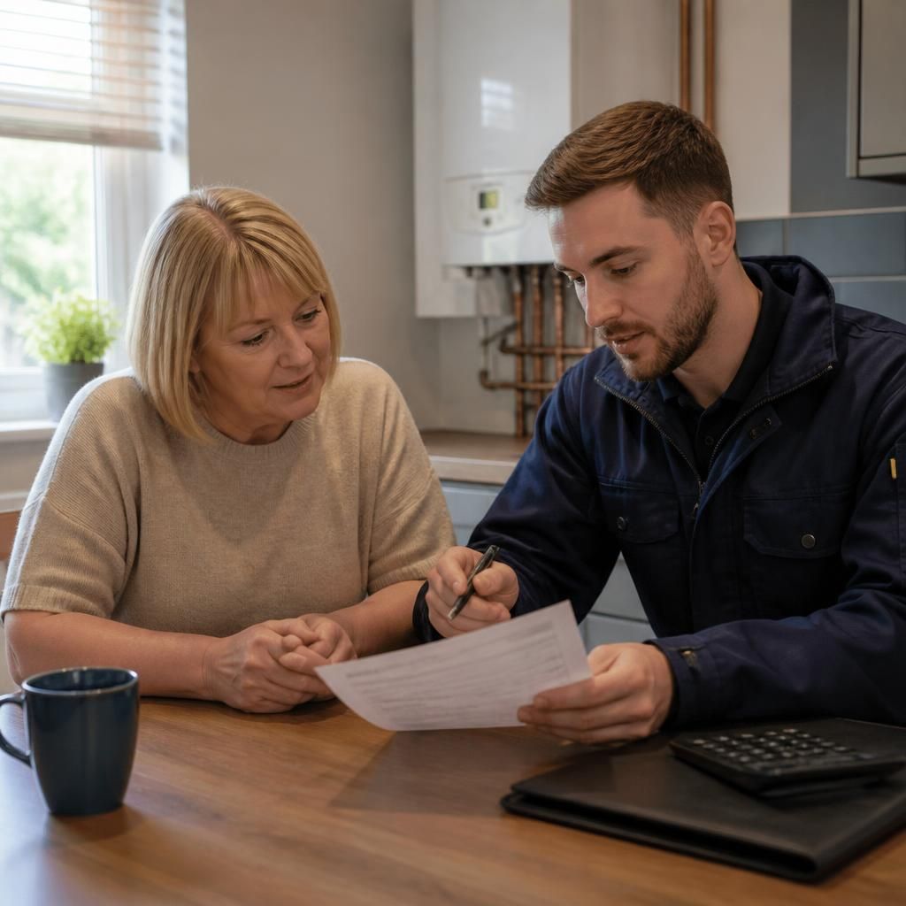 Engineer reviewing a boiler repair quote with a homeowner at a kitchen table