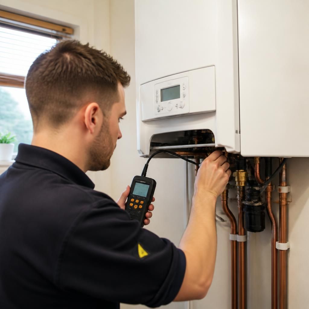 Gas Safe engineer checking a wall-mounted boiler with testing equipment
