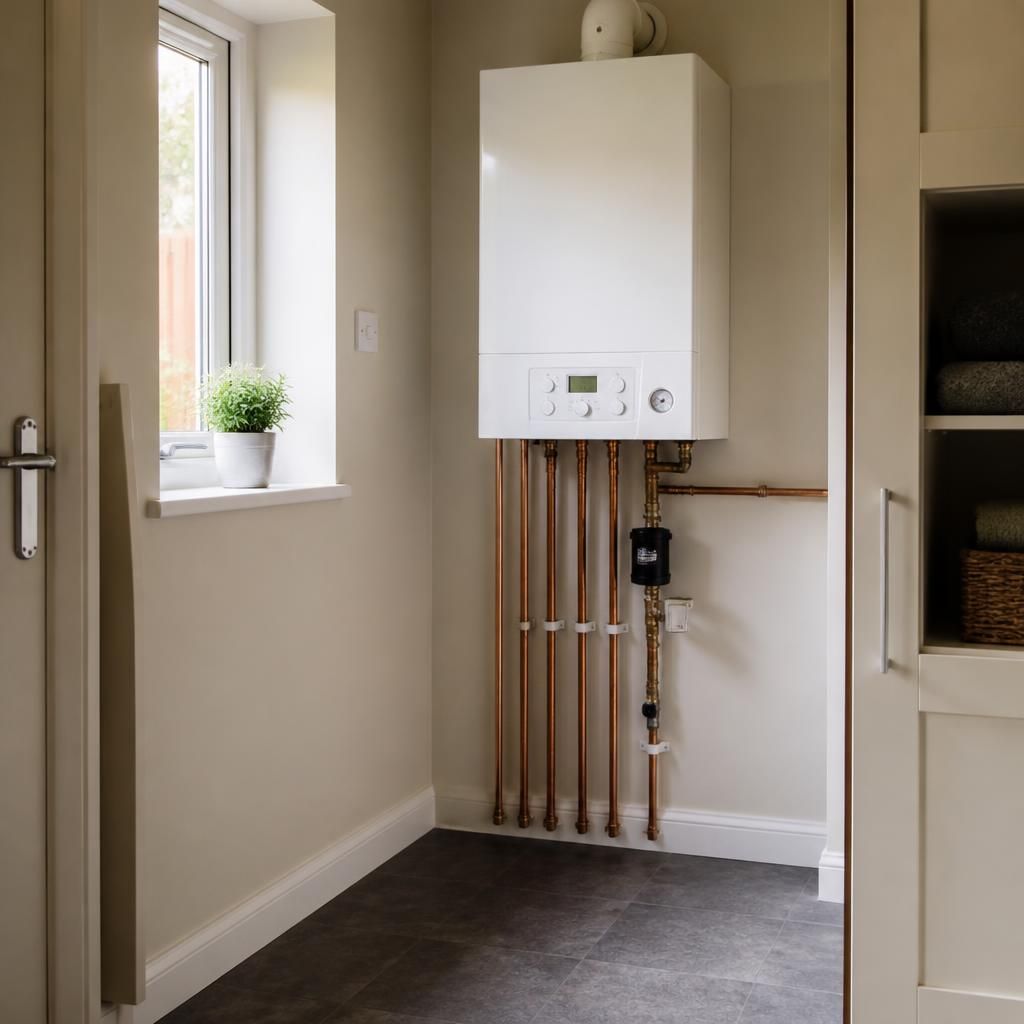Clear space around a wall-mounted gas boiler with its controls and pipework visible