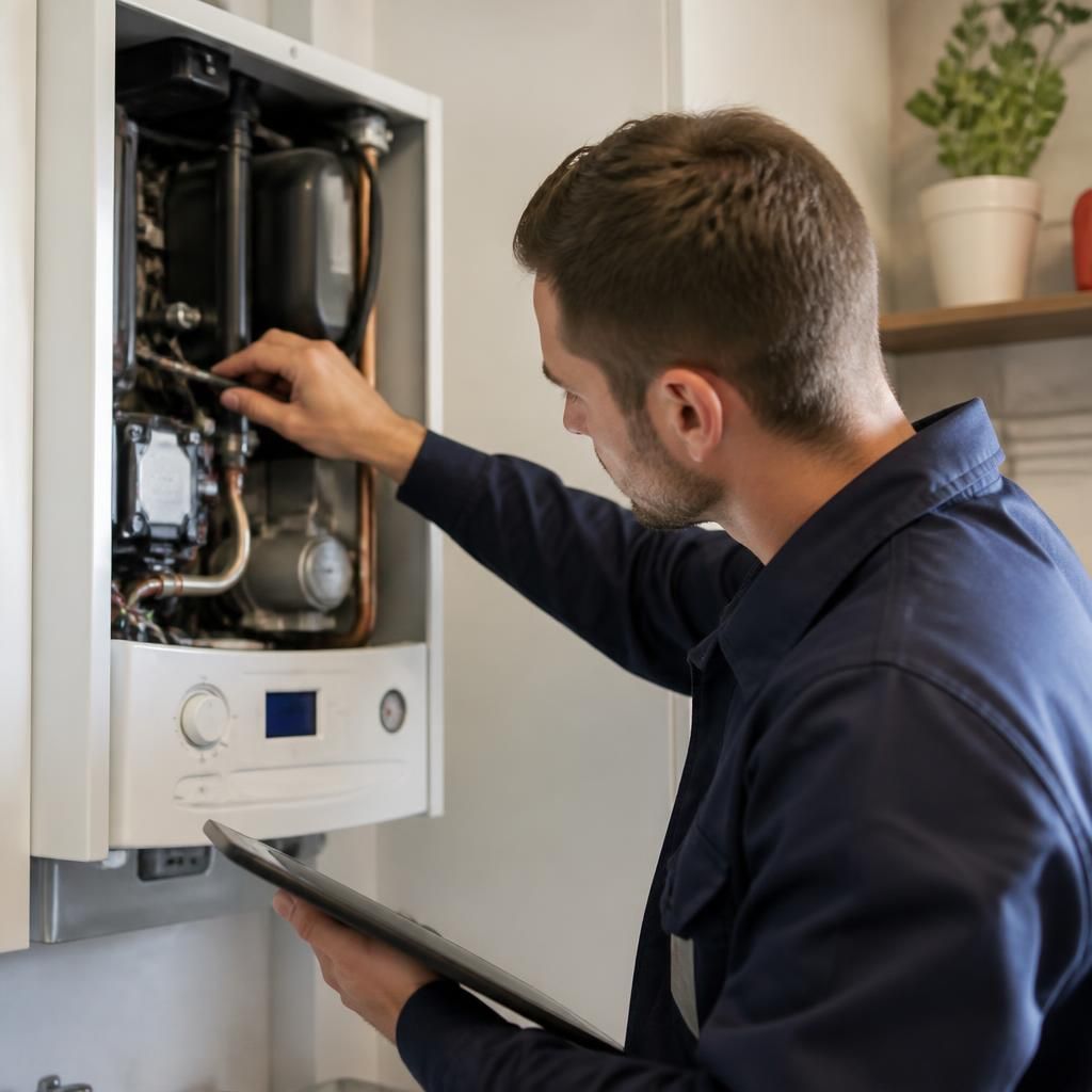 Engineer inspecting a domestic boiler during a routine service