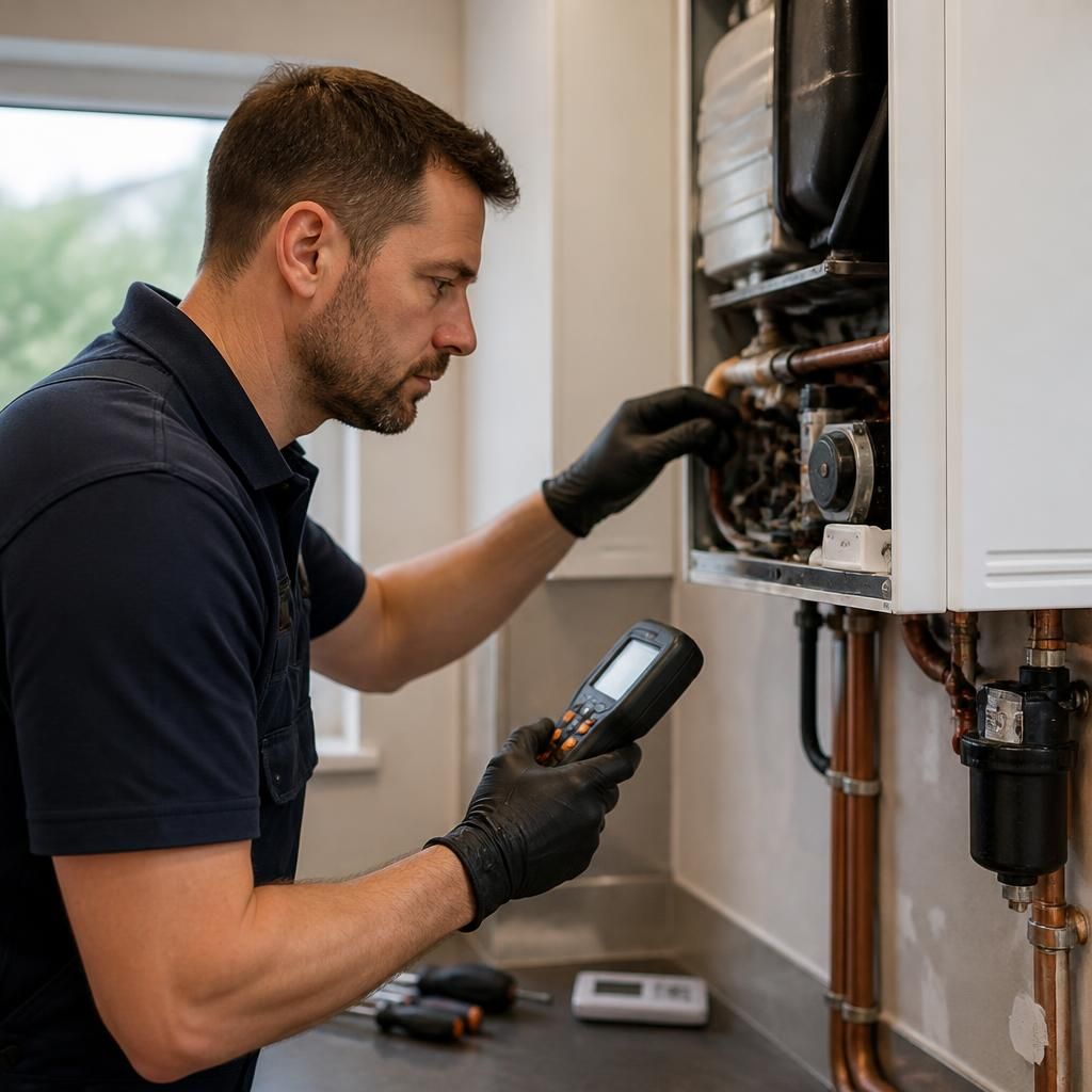 Boiler engineer inspecting a wall-mounted boiler with diagnostic tools
