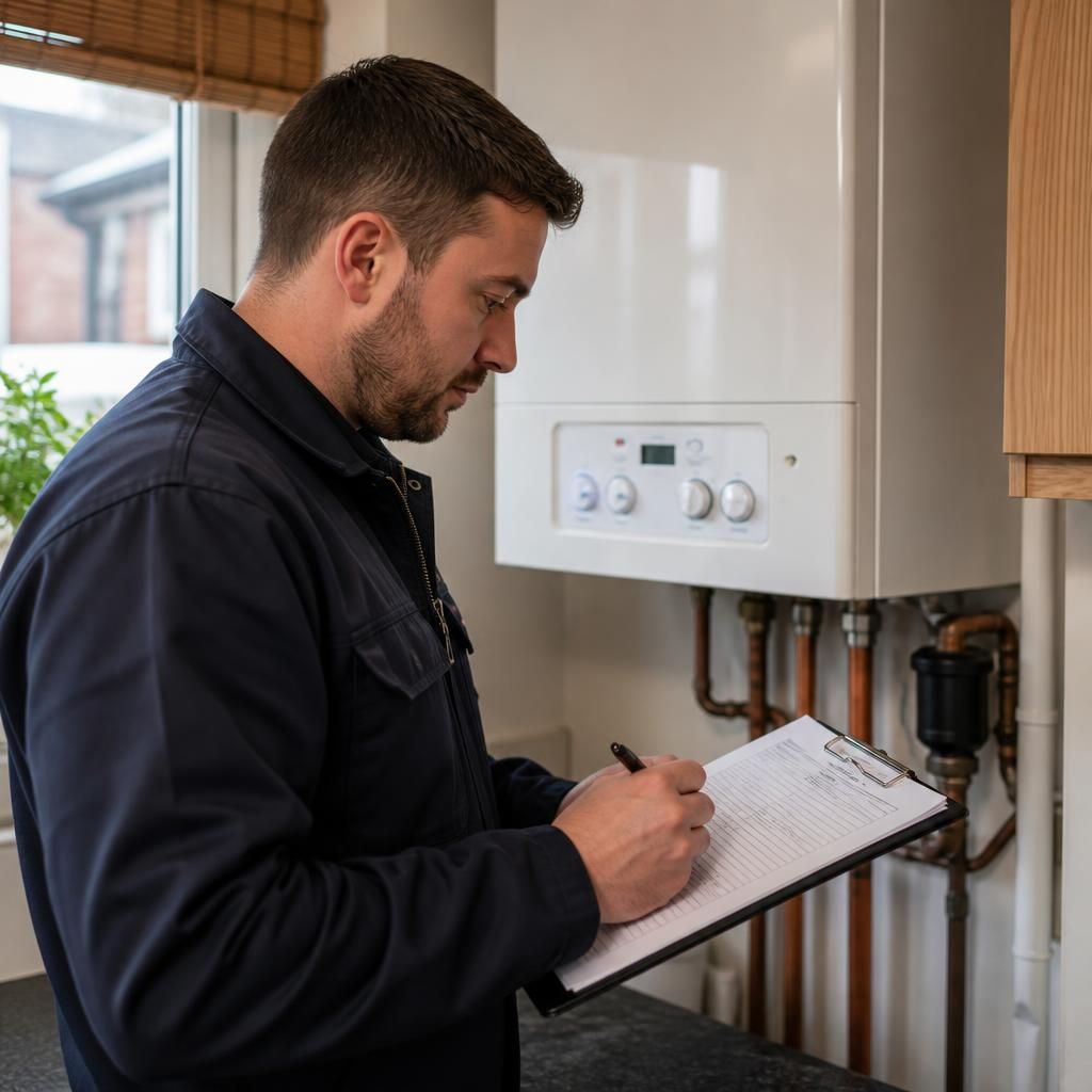 Engineer completing a boiler service record beside a domestic boiler