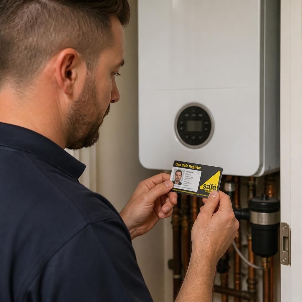 Boiler engineer checking a Gas Safe ID card beside a domestic boiler