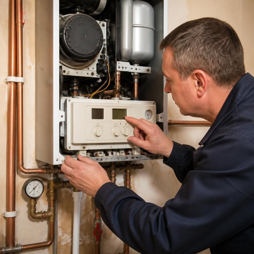 Boiler engineer inspecting a control panel, pressure gauge and pipework