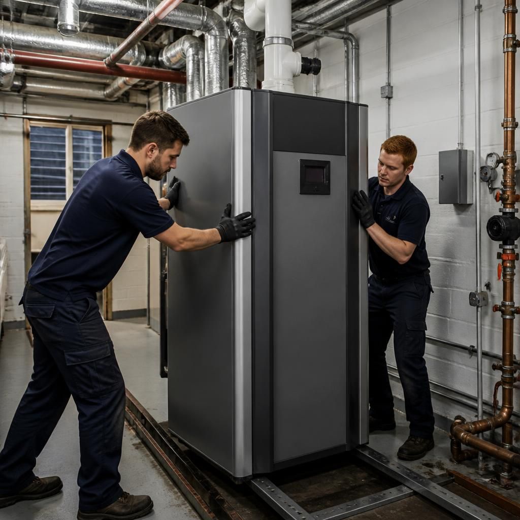 Engineers positioning a commercial boiler in a plant room