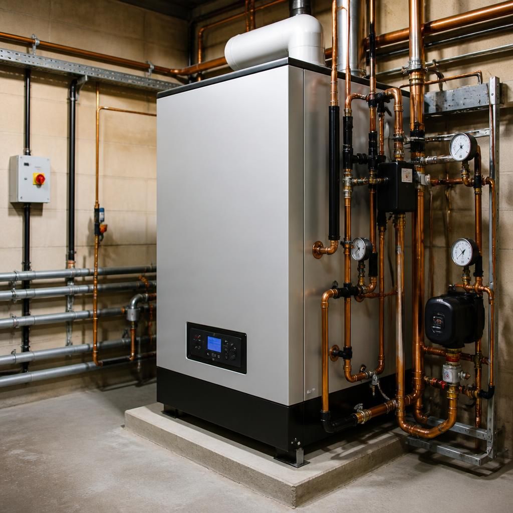 Commercial boiler installed in a plant room with pipework and controls visible
