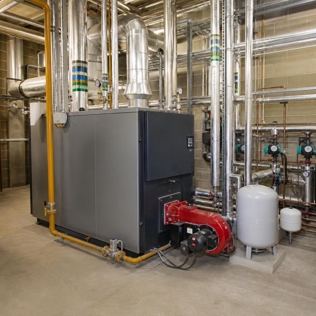 Commercial boiler and heating system components in a plant room