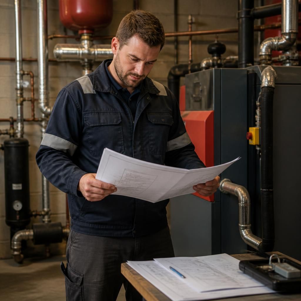 Engineer reviewing boiler room plans beside commercial heating equipment