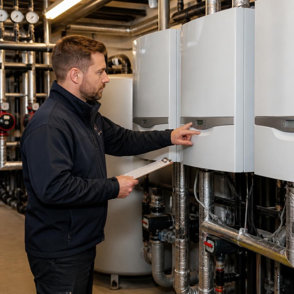 Engineer inspecting a commercial boiler in a plant room