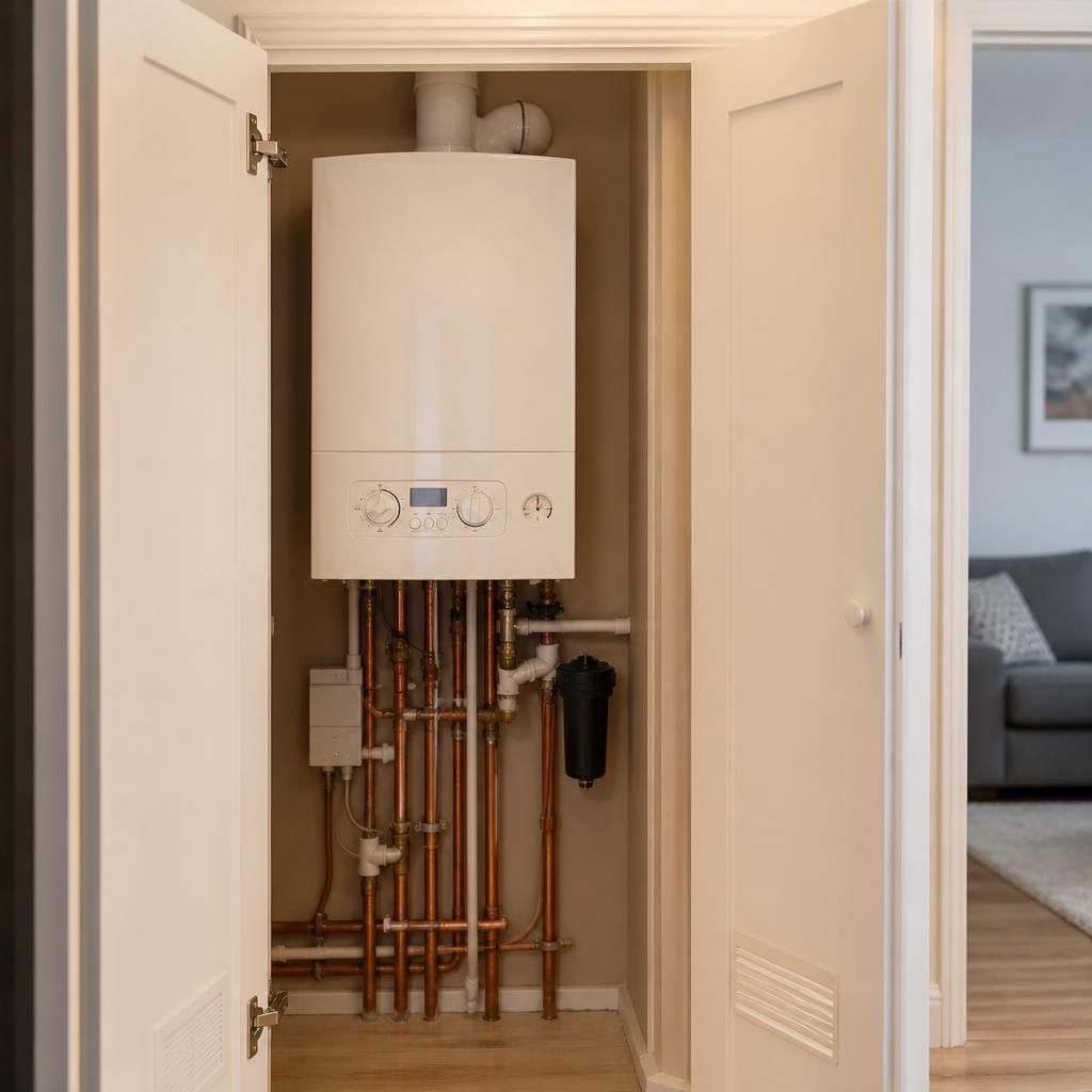 Domestic boiler installed inside a flat cupboard with visible pipework and controls