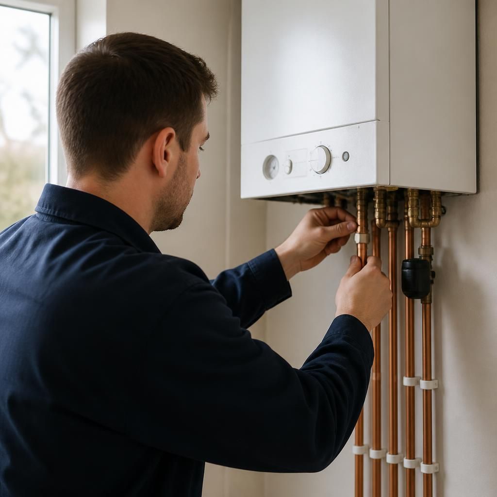 Engineer connecting pipework to a wall-mounted domestic boiler