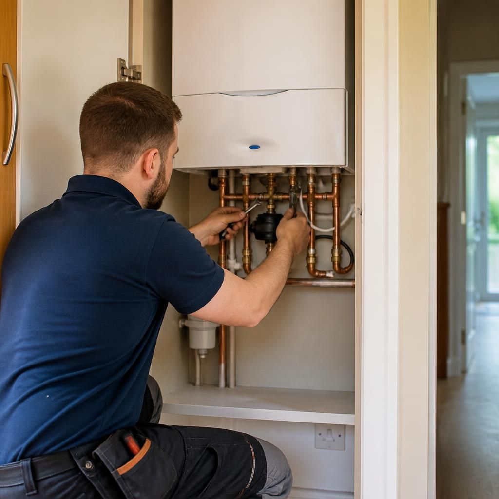 Installer checking connections on a wall-mounted domestic boiler