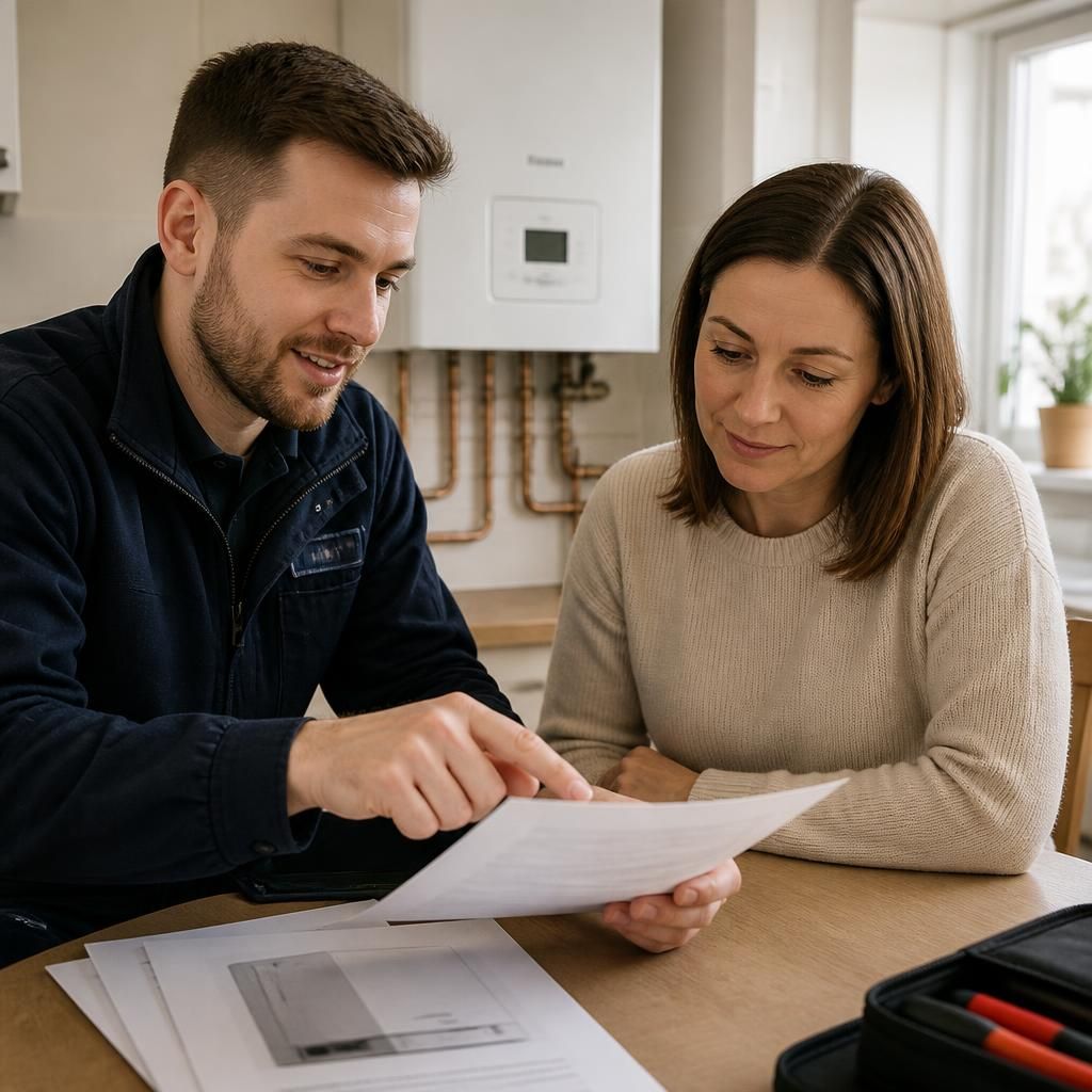 Heating engineer reviewing a domestic boiler installation quote with a homeowner