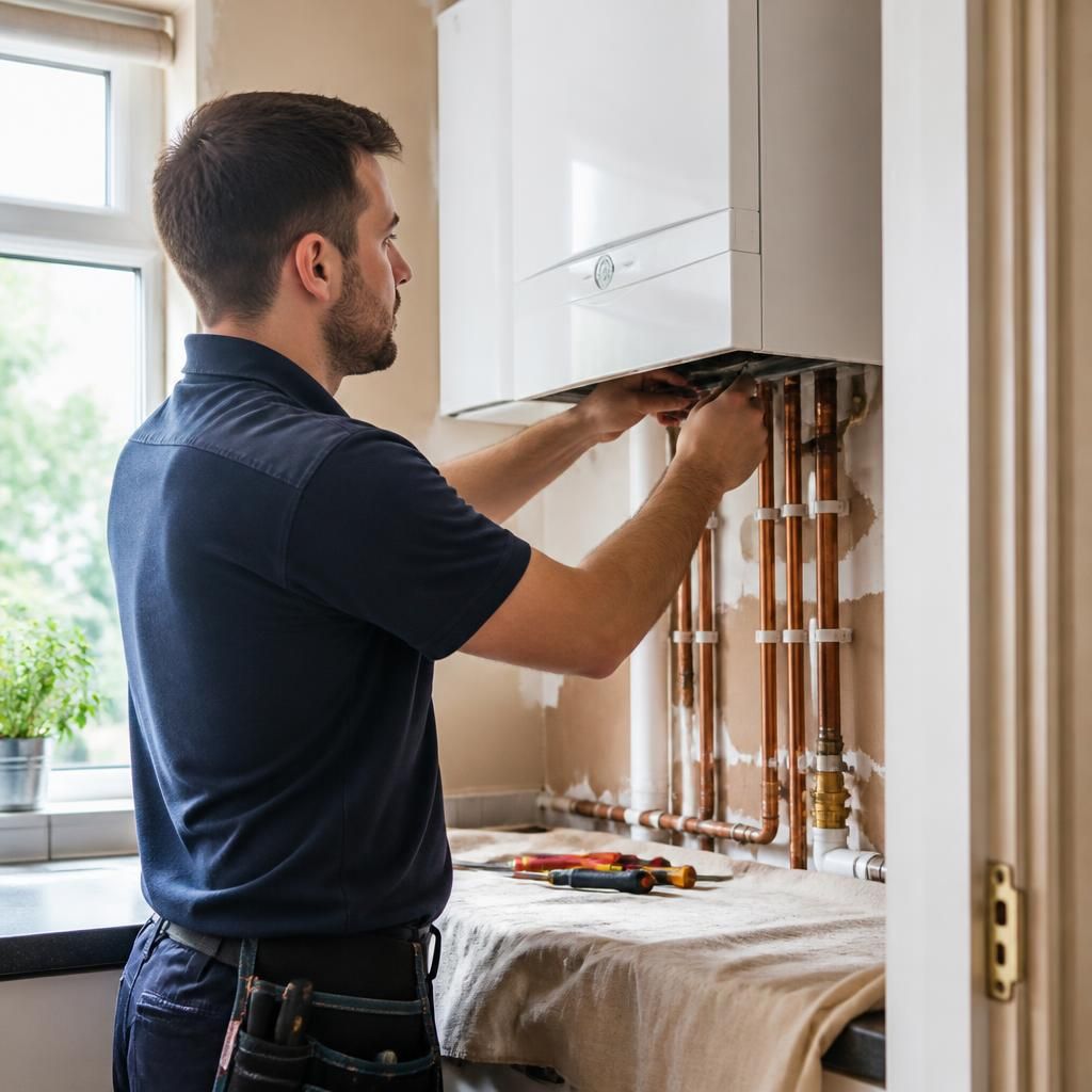 Engineer fitting a wall-mounted gas boiler in a home utility area