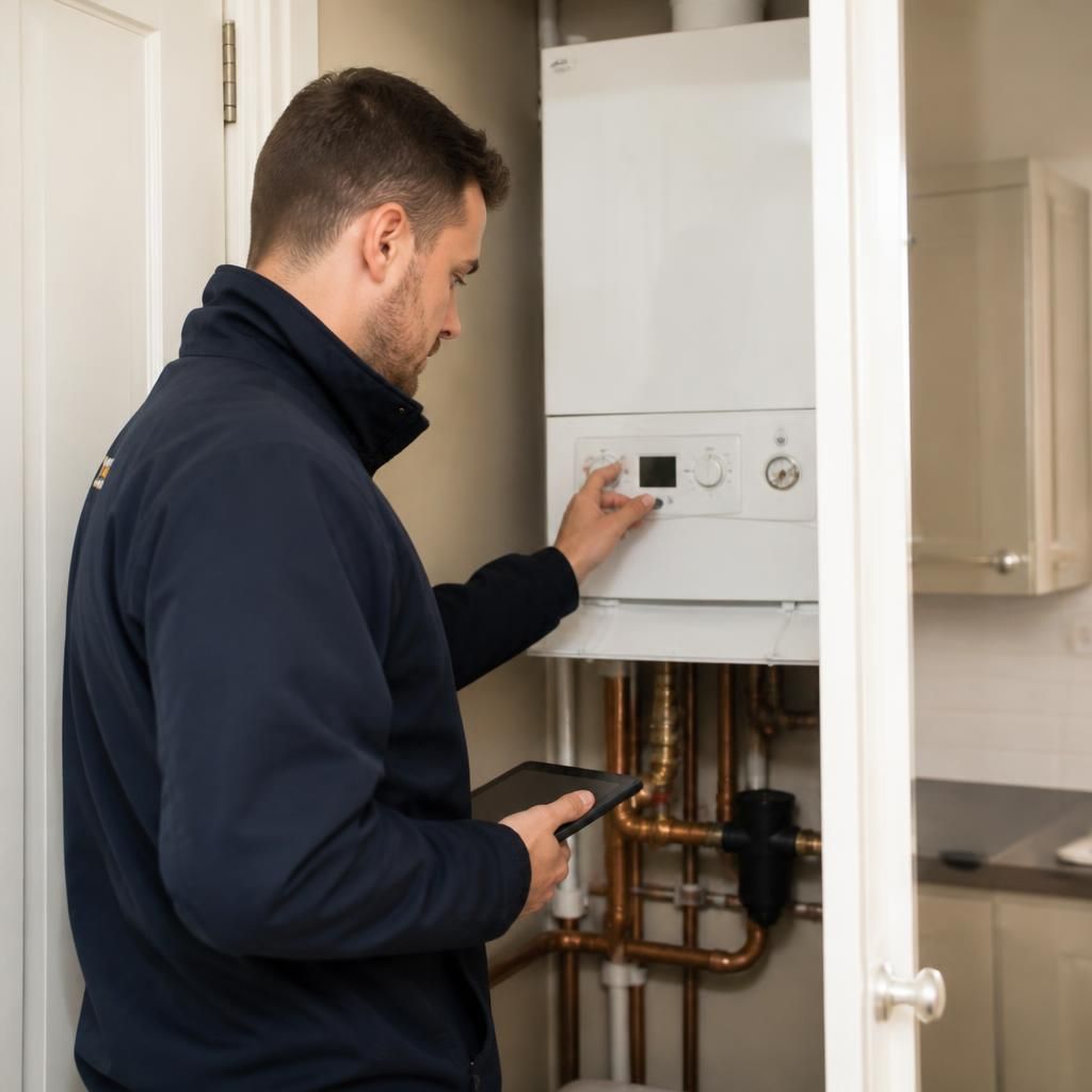 Heating engineer inspecting a gas boiler in a flat utility cupboard