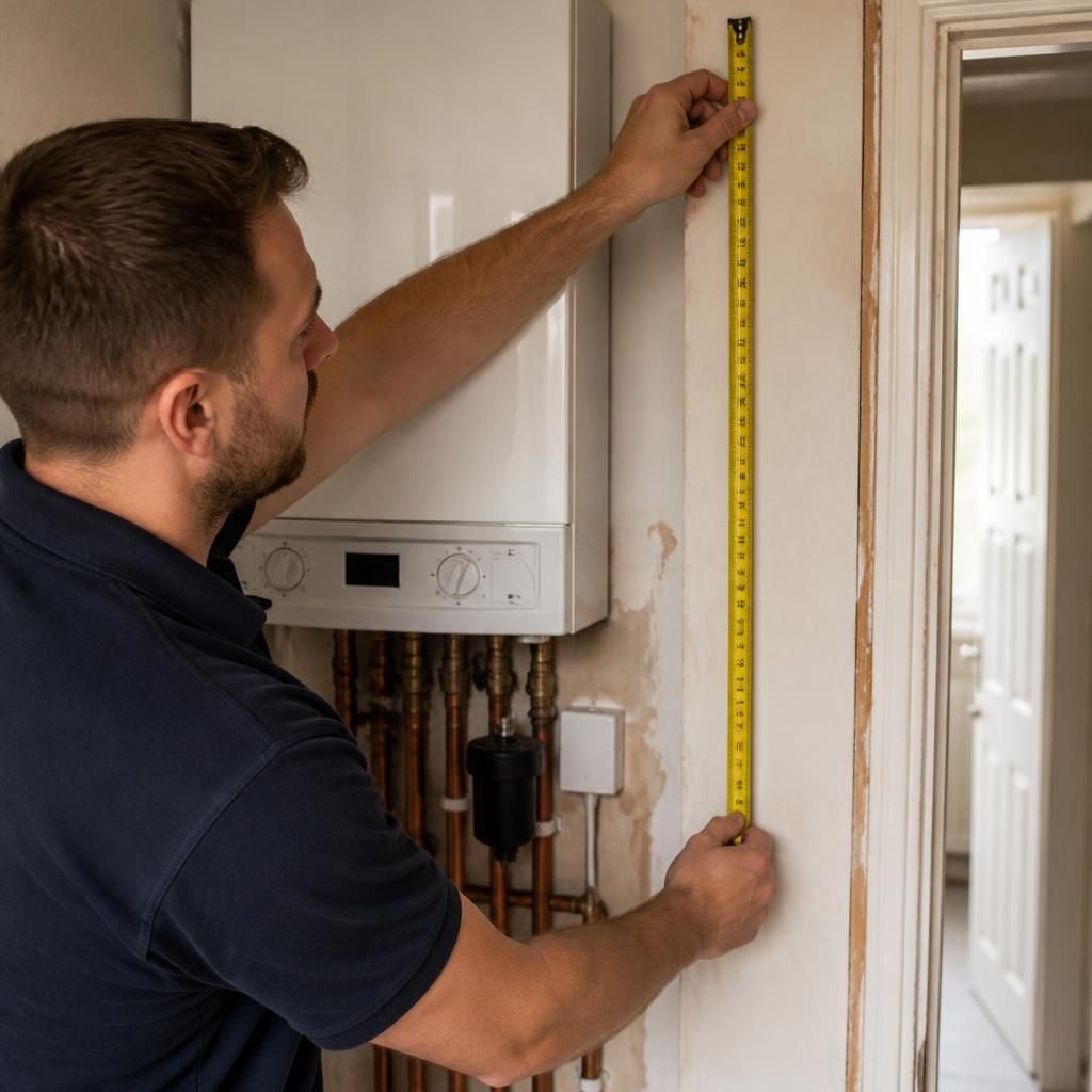 Engineer measuring the wall and pipework around a boiler installation area