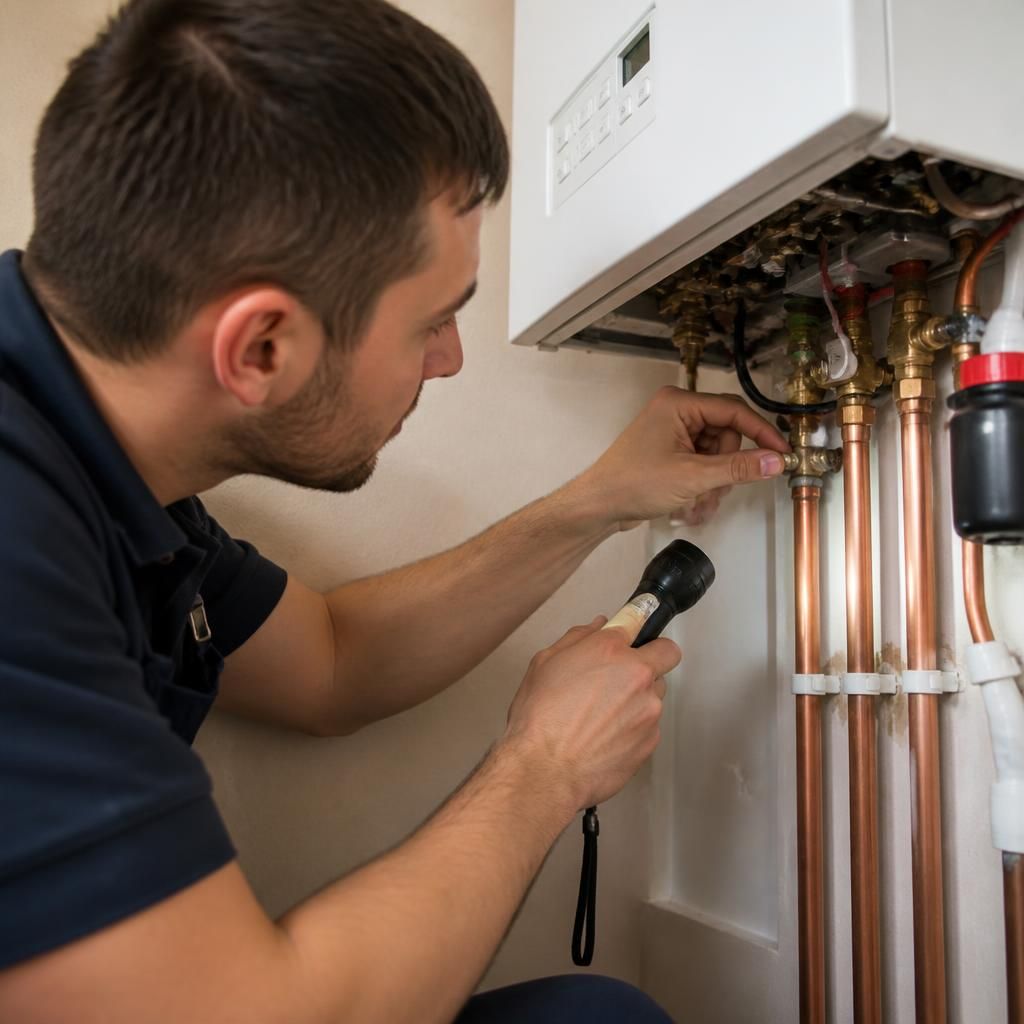 Heating engineer inspecting pipework beneath a wall-mounted gas boiler