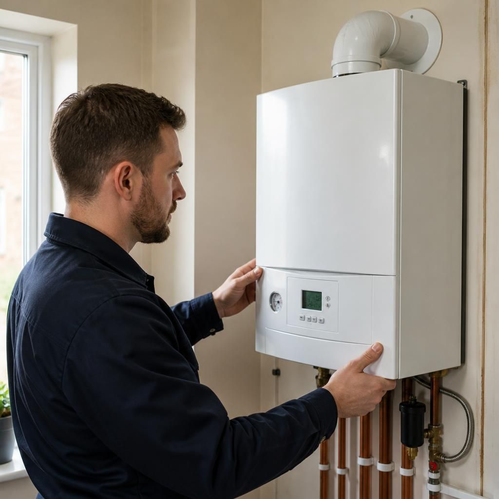 Engineer inspecting a wall-mounted gas boiler and its flue connections