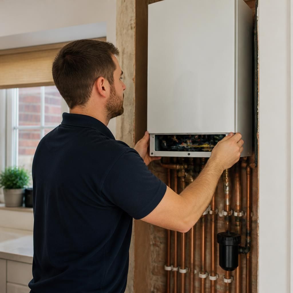 Engineer fitting a new wall-mounted boiler in a home