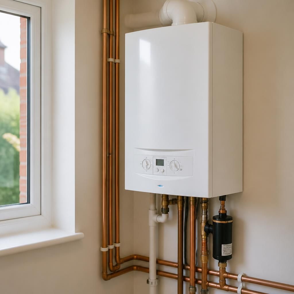 Newly installed wall-mounted boiler with connected heating pipework