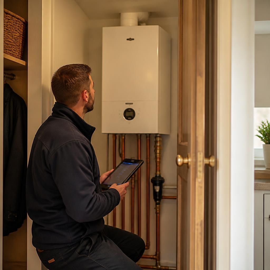 Heating engineer assessing a boiler position in a compact utility cupboard