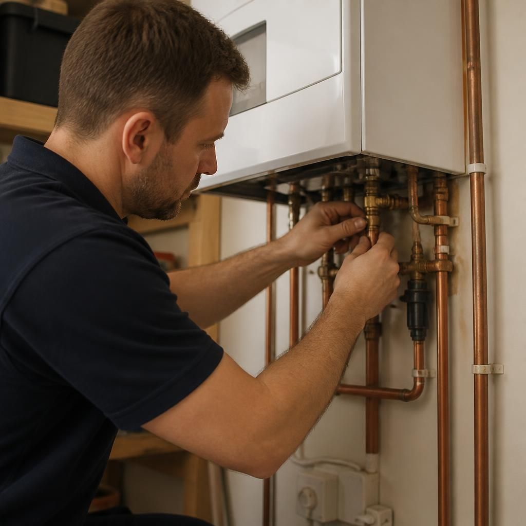 Engineer connecting pipework to a wall-mounted boiler during installation