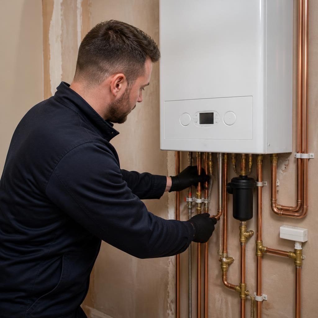 Heating engineer checking pipework beside a newly installed wall-mounted boiler