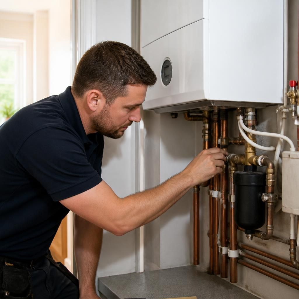 Installer checking pipework beside a wall-mounted boiler