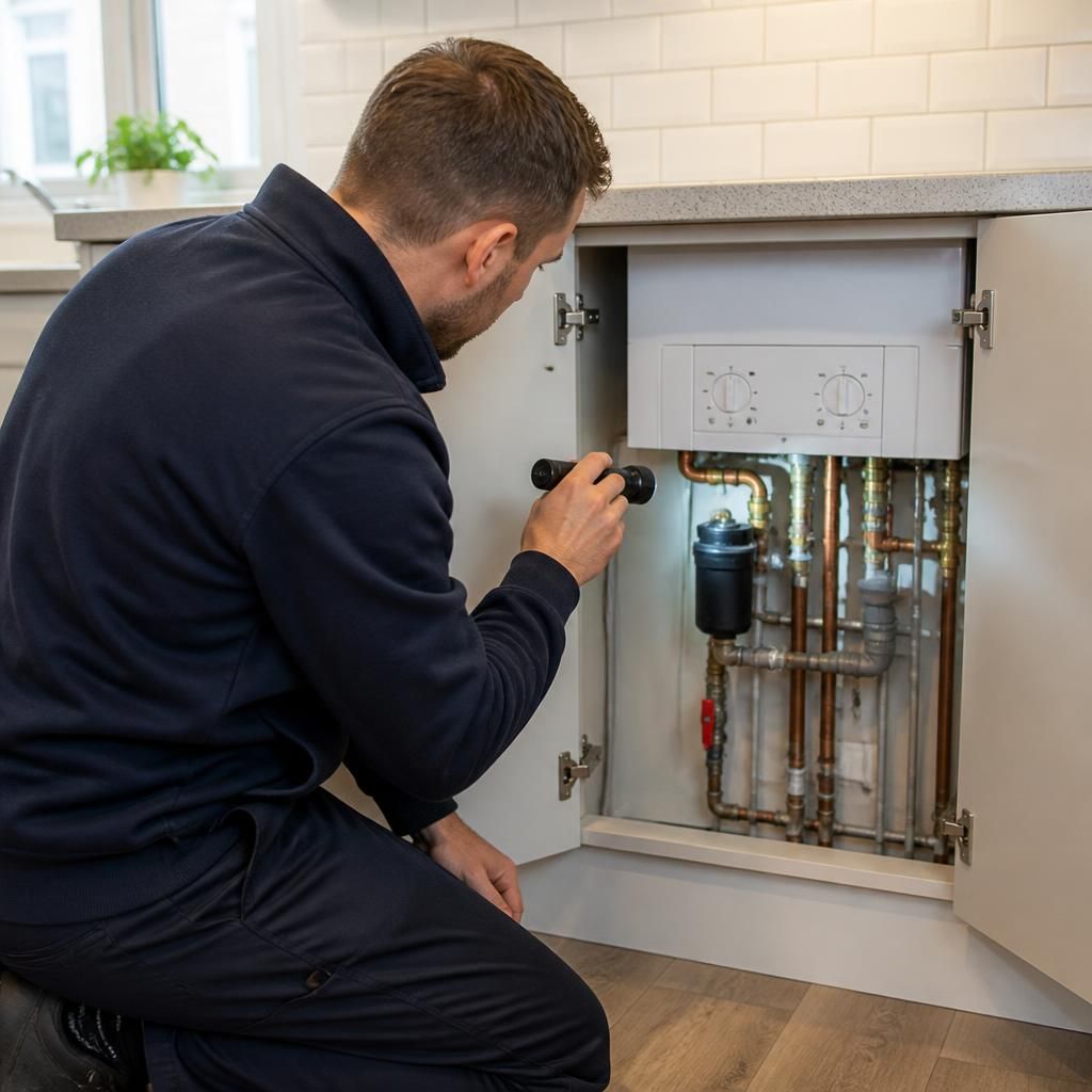 Boiler installer inspecting pipework and controls inside a kitchen cupboard
