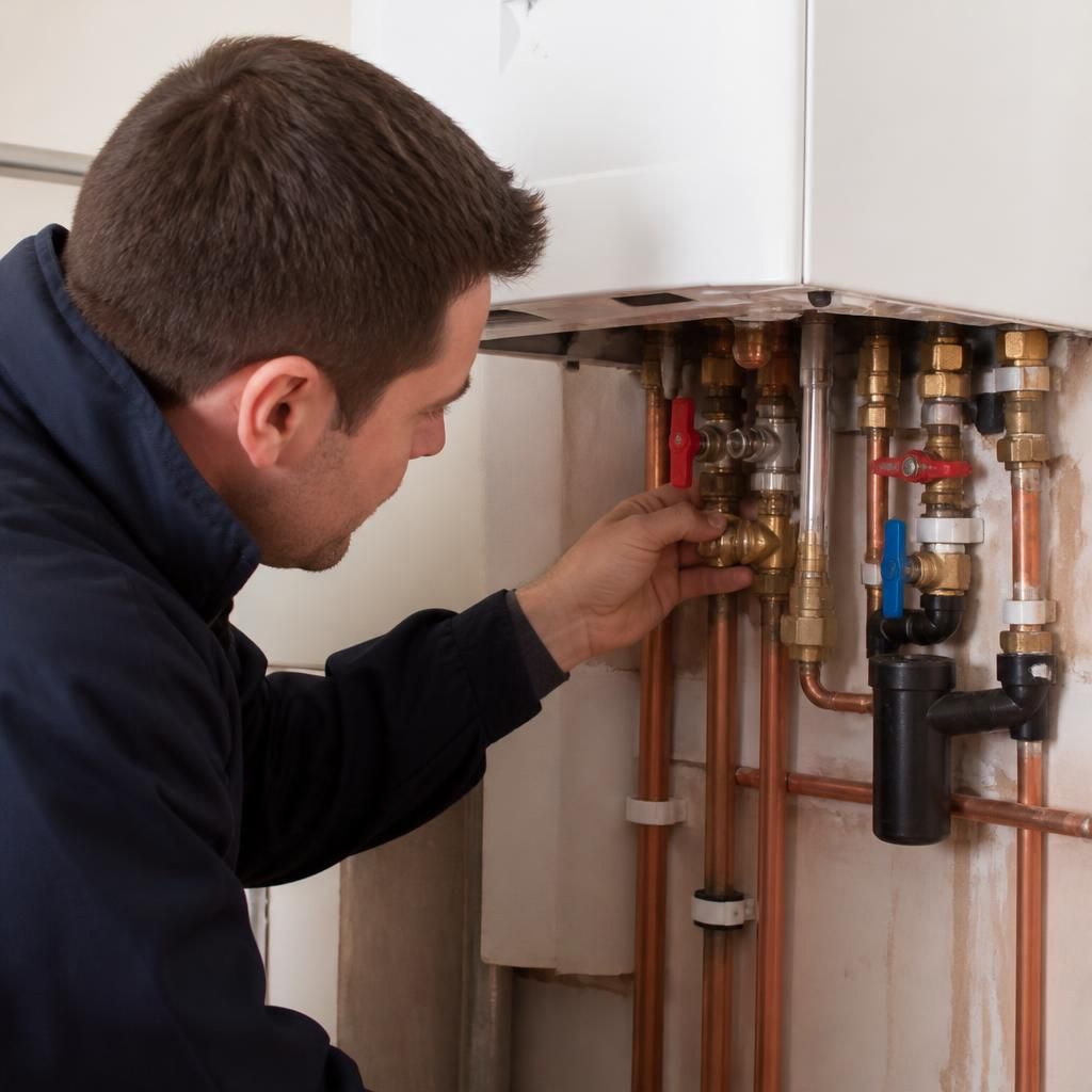 Engineer checking pipework and connections beside a wall-mounted boiler