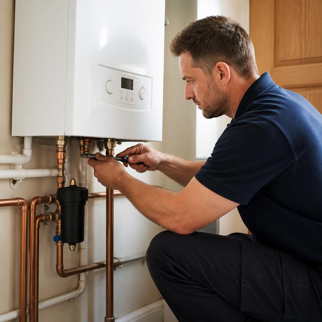 Engineer checking connections on a newly installed boiler