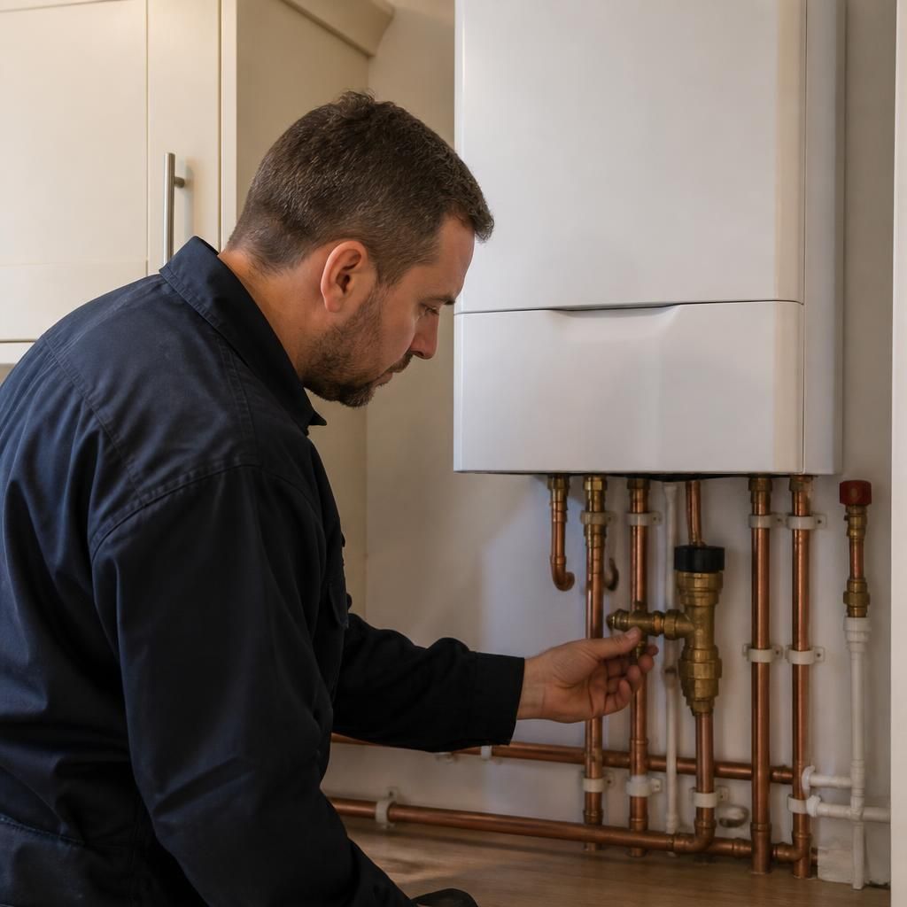 Heating engineer examining pipework beside a newly installed boiler