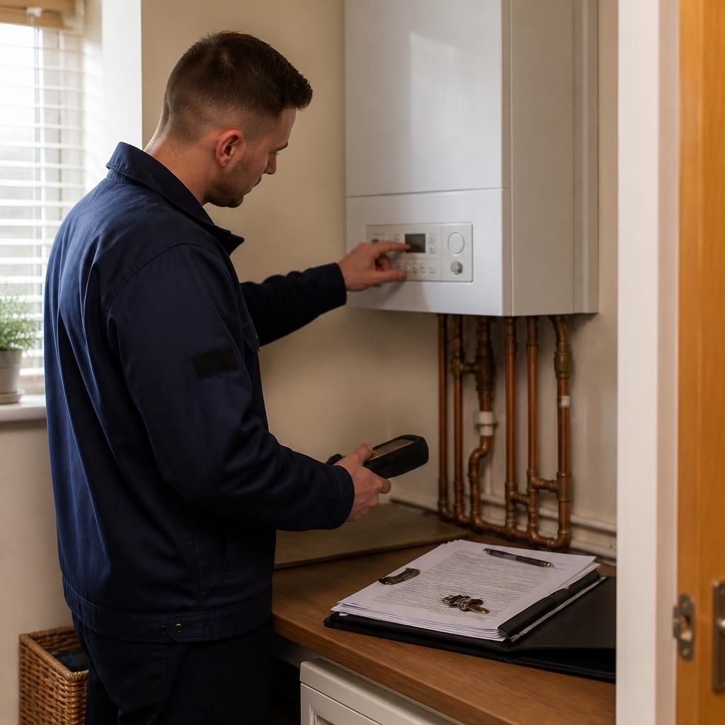 Engineer inspecting a boiler in a rented property with landlord paperwork nearby
