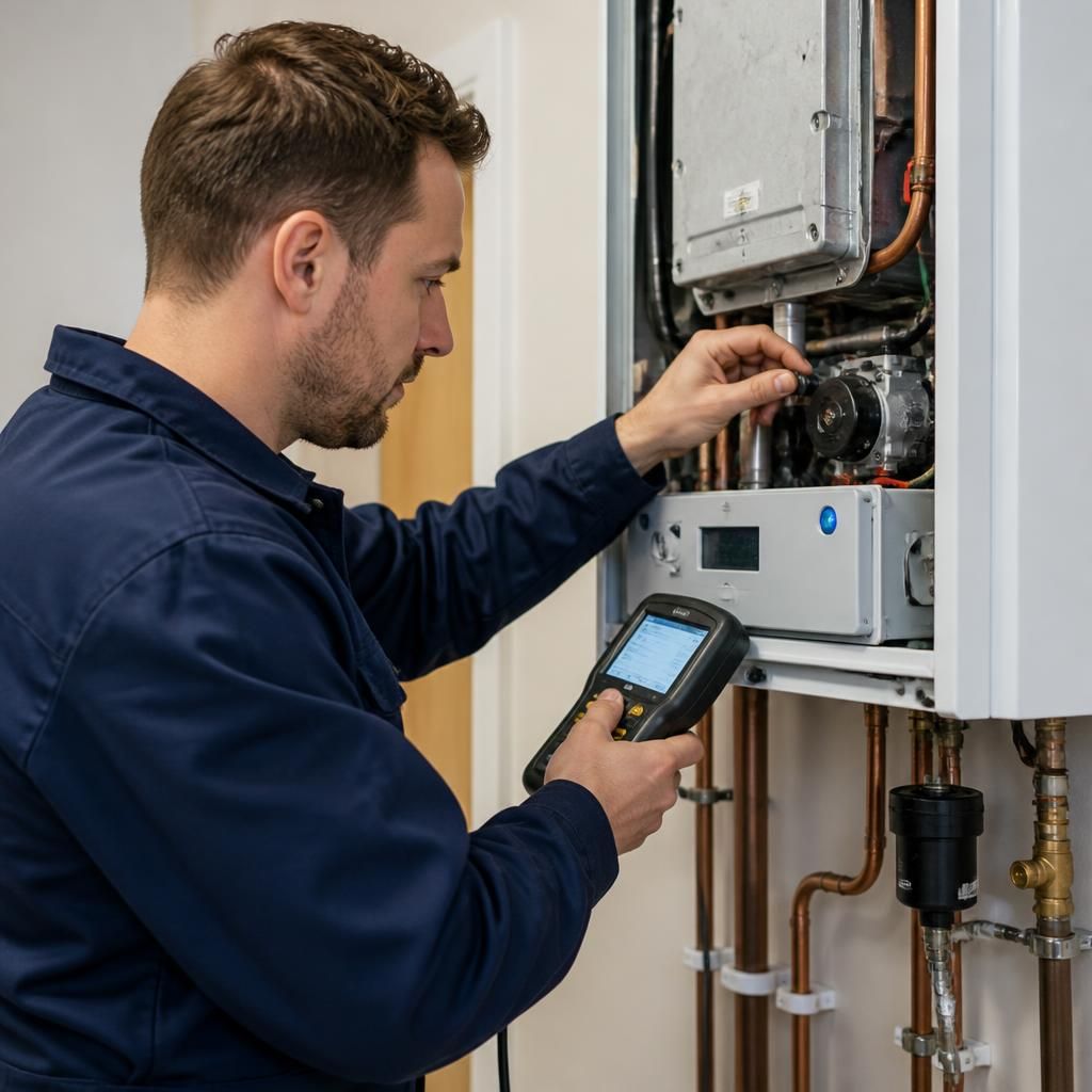 Heating engineer checking a wall-mounted boiler with diagnostic equipment