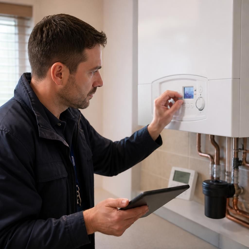 Engineer inspecting a domestic boiler and heating controls