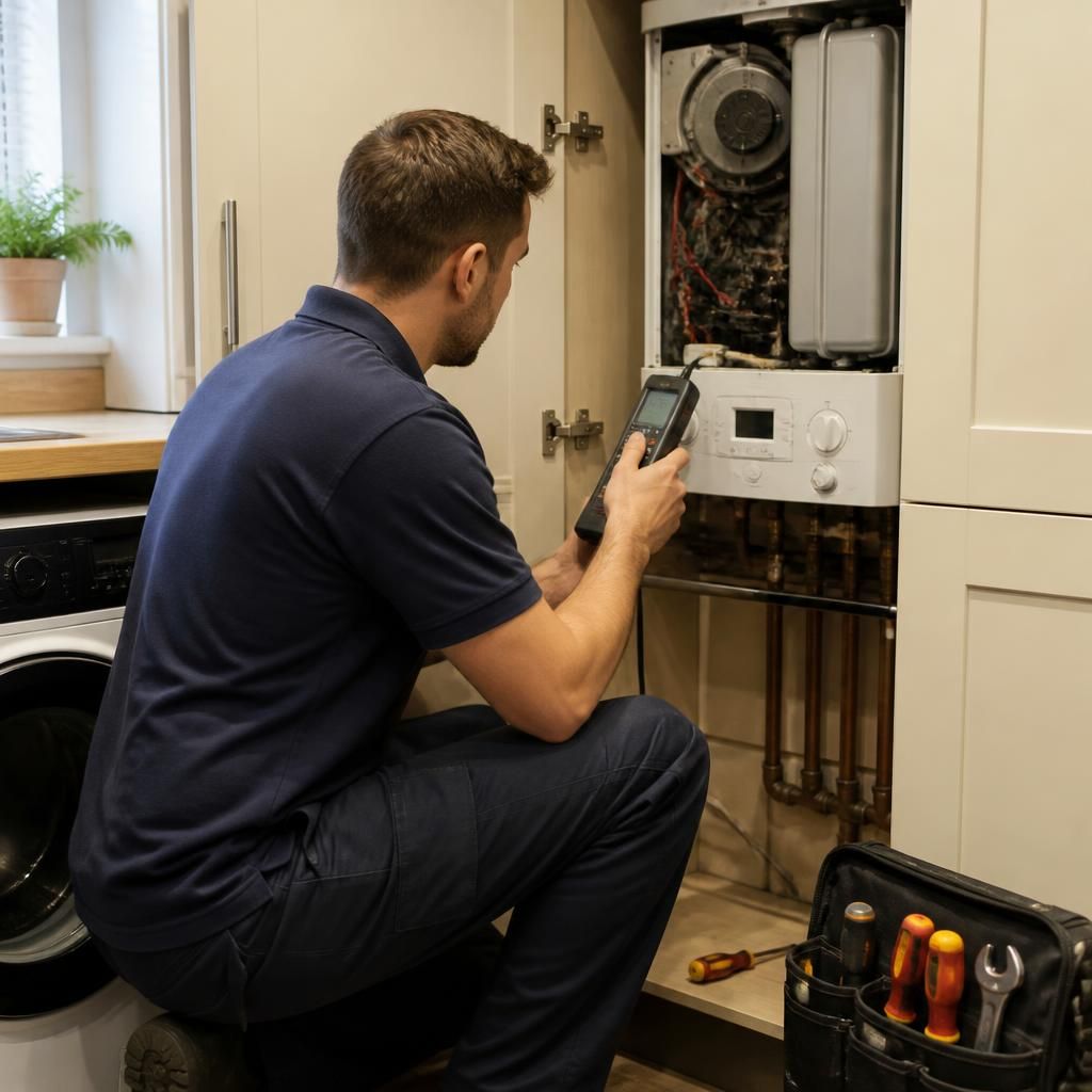 Engineer inspecting a boiler with tools beside an open kitchen cupboard