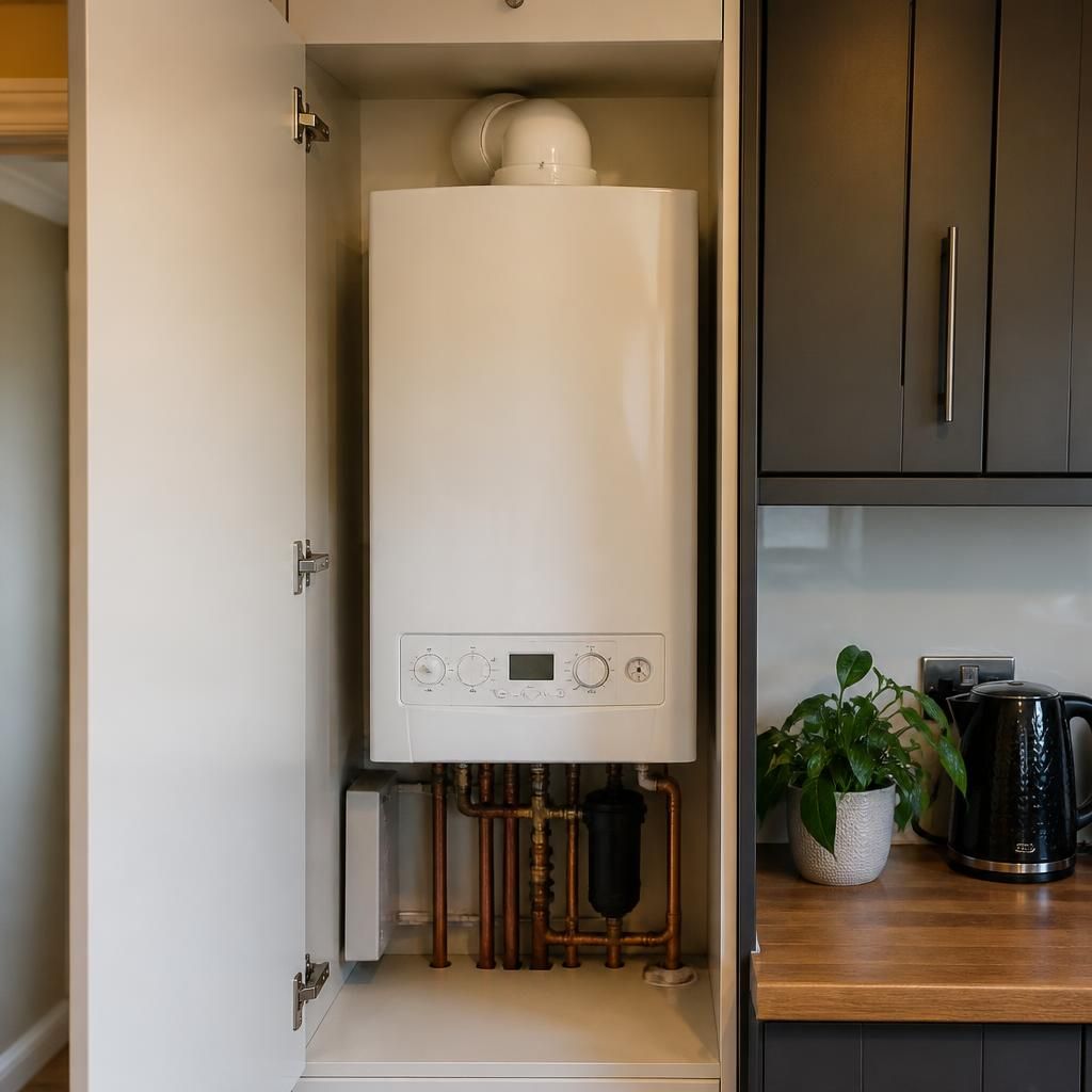 Gas boiler installed inside a flat kitchen cupboard