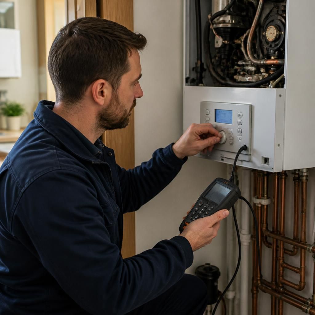 Heating engineer inspecting boiler controls with diagnostic equipment