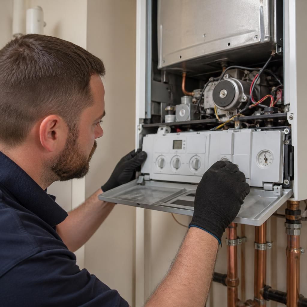 Engineer inspecting a boiler control panel and checking its internal components